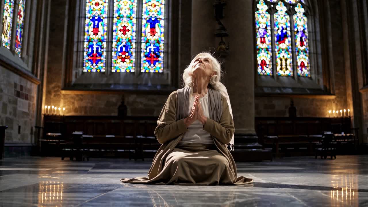 A serene, elderly woman prays in a dimly lit church, candles aglow