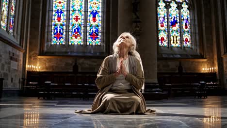 a serene, elderly woman prays in a dimly lit church, candles aglow