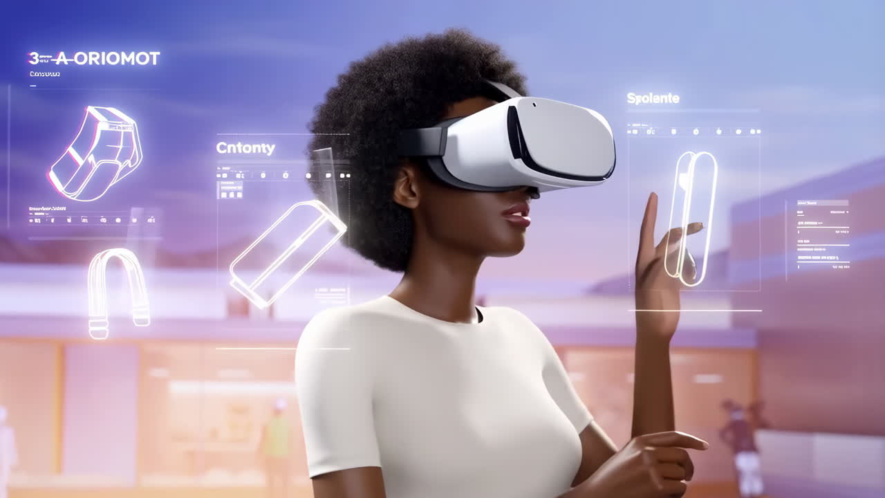 Woman Exploring Virtual Reality with Holographic Display