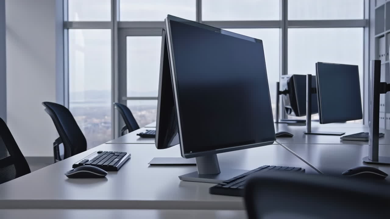 Empty modern office workspace with multiple computer workstations and large windows