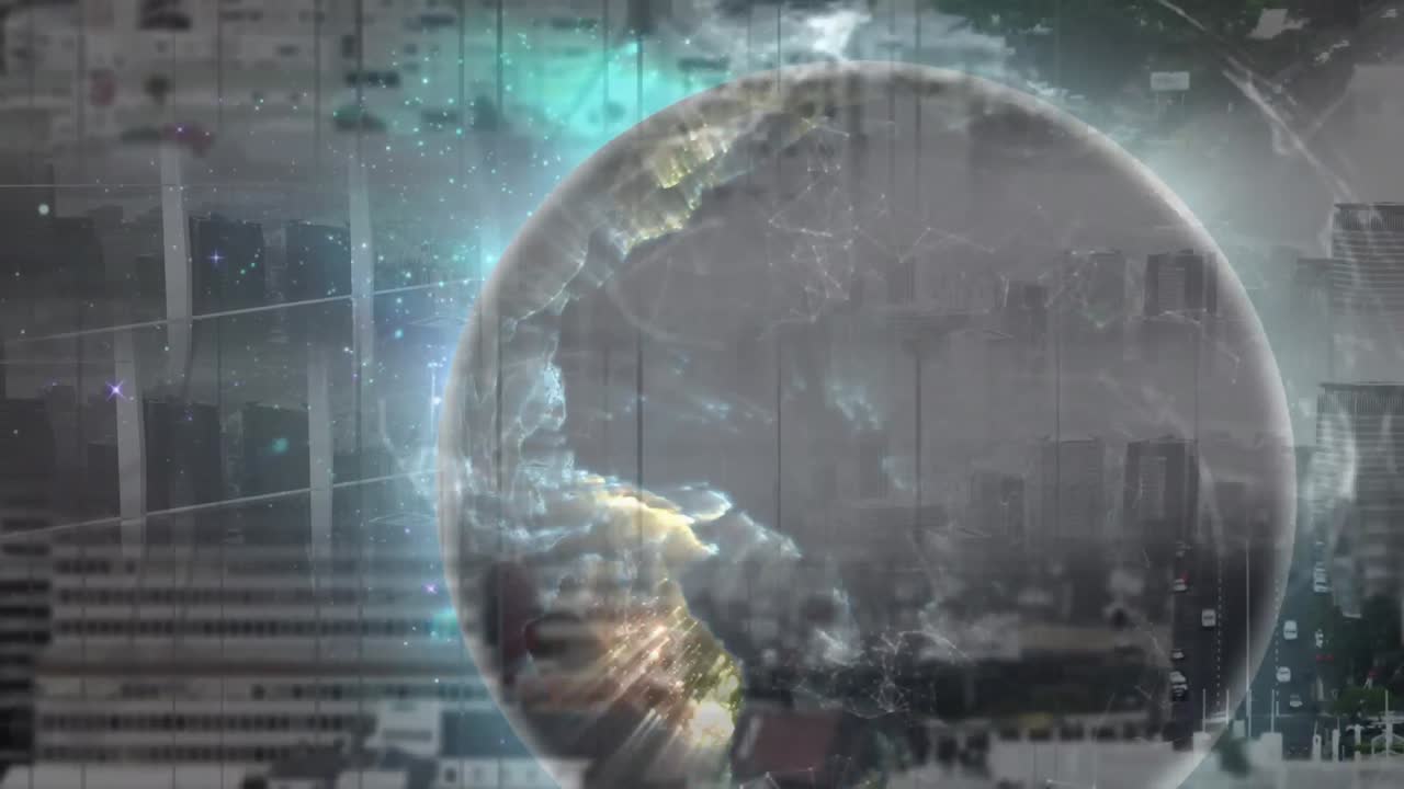 animación de una red brillante en un globo que gira sobre la ciudad