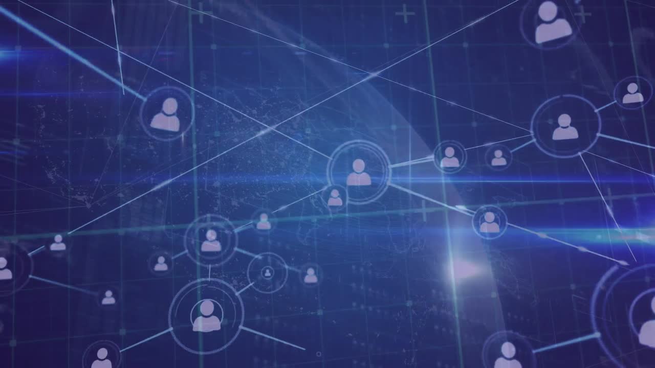 파란색 배경에 연결 네트워크와 데이터 처리의 애니메이션