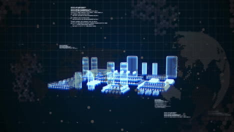 animation of computer circuit board and data processing over globe on black background