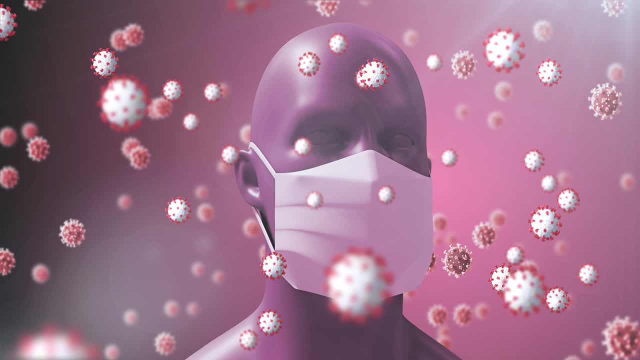 거대한 바이러스 모델이 떠다니는 얼굴 마스크를 착용한 디지털 인간 머리의 애니메이션