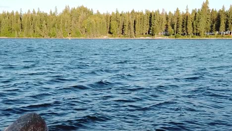 zooming in on clear, blue lake surrounded by lush green vegetation and cloudy blue sky. water is slightly rippling. summertime, outside