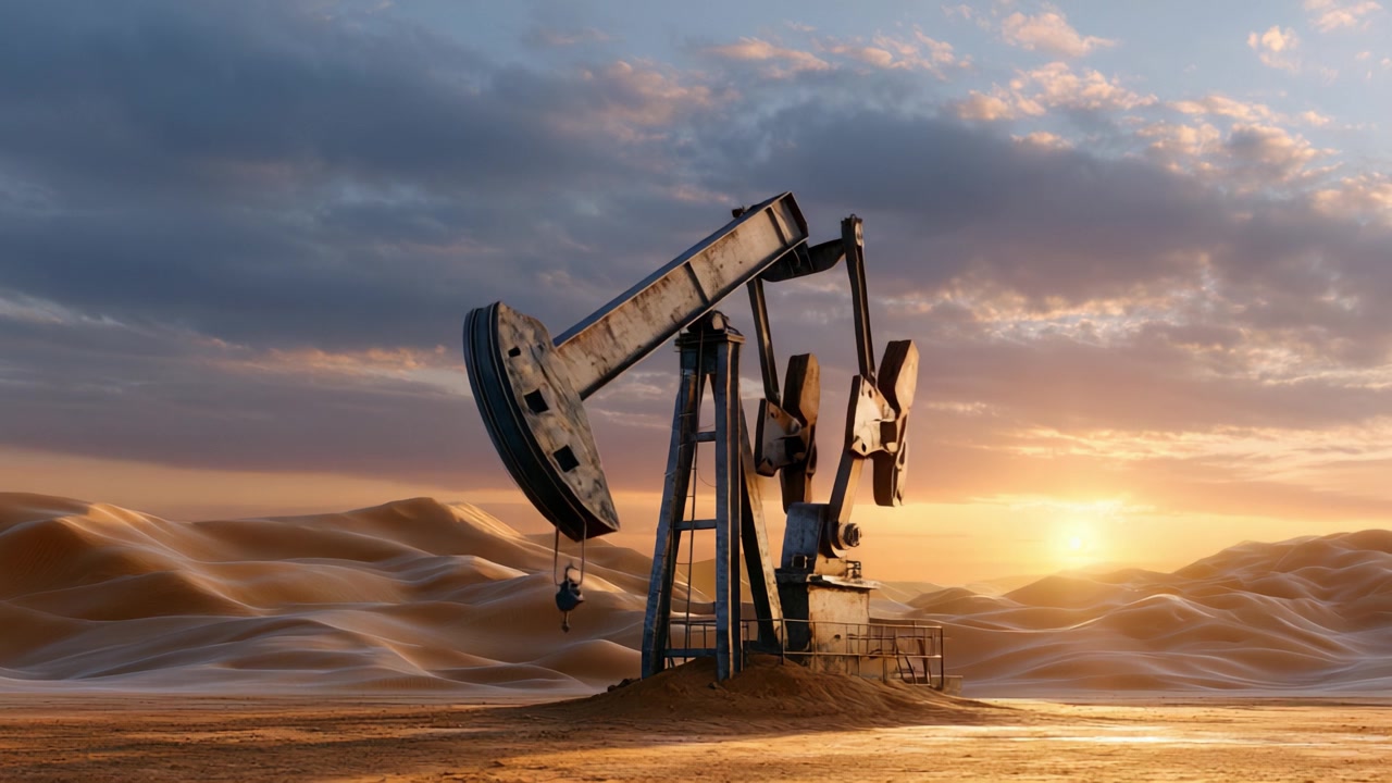 The Dawn of Extraction: An Oil Pumping Unit Silhouetted Against a Beautiful Sunrise, Symbolizing Energy Production Amidst a Desert Landscape