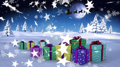 estrellas y copos de nieve iconos flotando contra los regalos de navidad en el paisaje de invierno contra el cielo nocturno