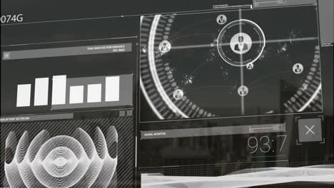 Animation-of-graph,-profile-icons,-soundwave-and-changing-numbers-over-modern-cityscape