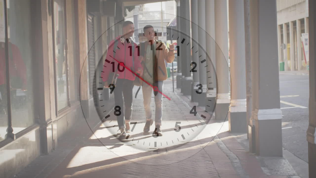 Animation of clock moving over biracial male friends walking in city