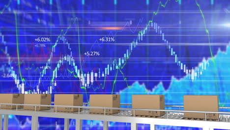 animated stock market display with fluctuating prices on a blue background.