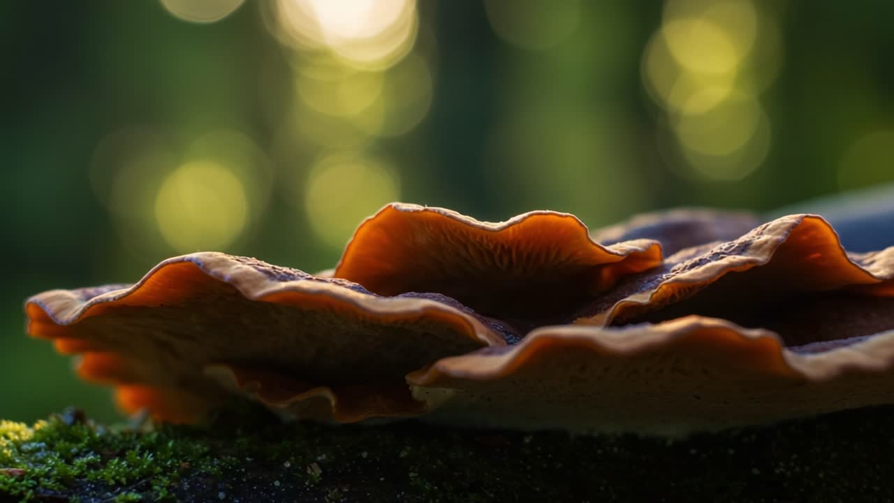 Close-Up Exploration of Vibrant Mushroom Fungi in Sunlit Forest Setting, Highlighting Intricate Textures and Colors Against a Beautifully Blurred Background