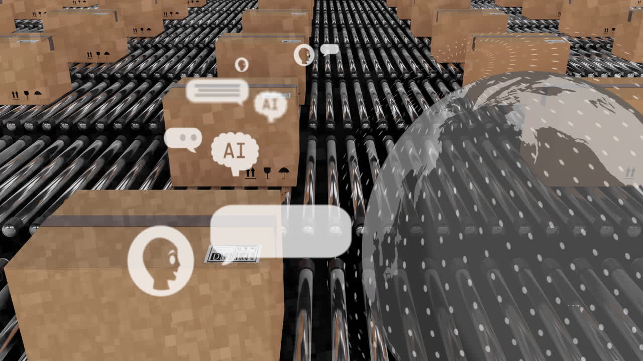 AI e bolle di chat su nastro trasportatore con scatole di cartone