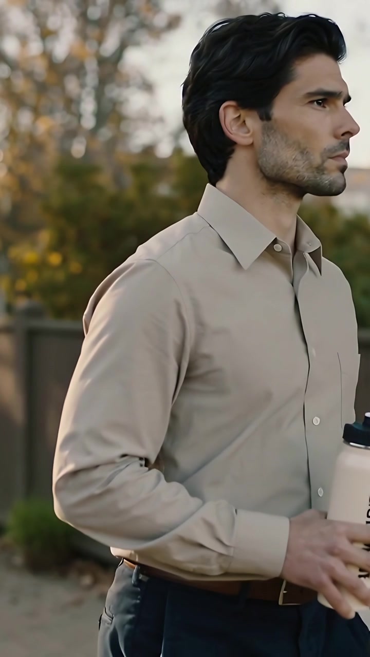 Video verticale: Apre gli occhi, uomo con camicia color cuoio che tiene una bottiglia, girando a destra per guardare nel cortile.