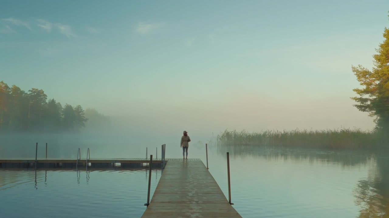 Woman walks onto a wooden dock over a misty mirror lake at sunrise, then pauses to enjoy the peaceful view while carrying a yoga mat under her arm.