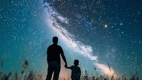 silhouetted father and son holding hands, gazing at starry night sky with milky way stretching across celestial canvas, sharing magical moment of wonder and connection