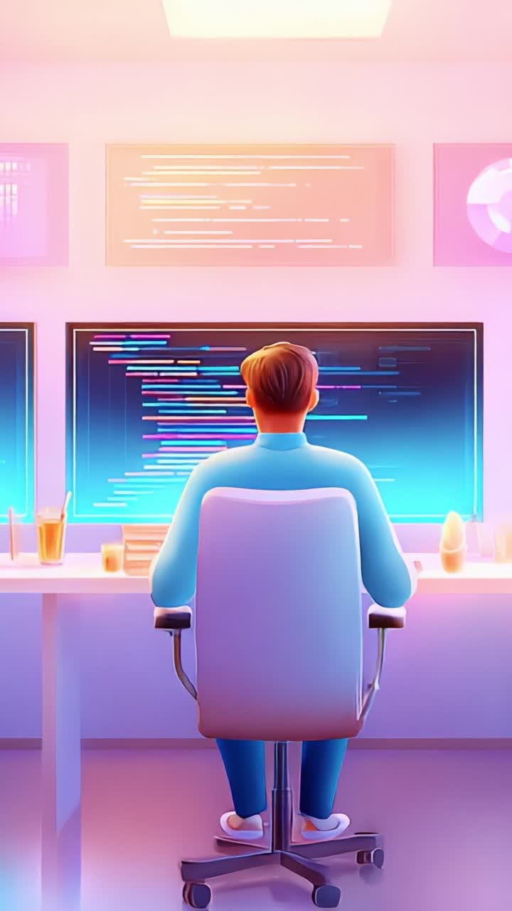 An abstract representation of a programmer working intensely at a computer screen displaying vibrant lines of code, capturing the essence of coding and digital creativity