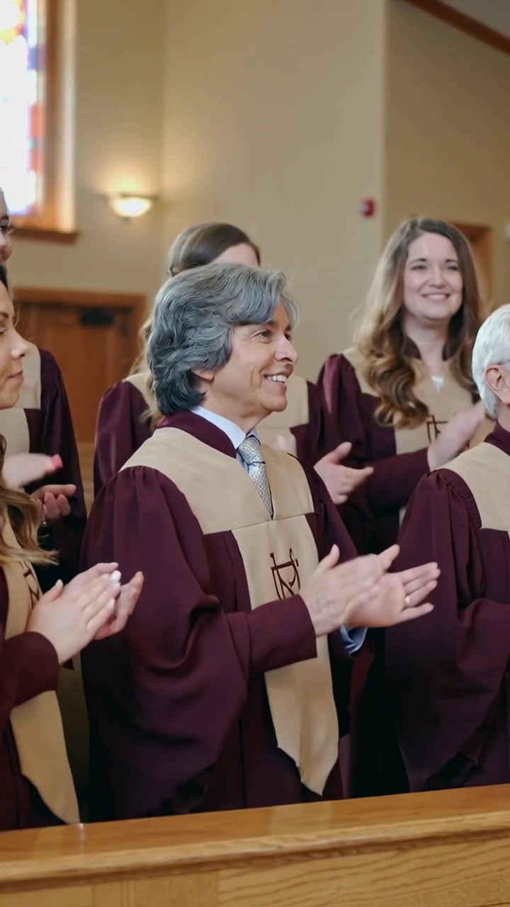 Vertical video: Clapping gray-haired chorister after conductor cue in sanctuary wearing maroon robe