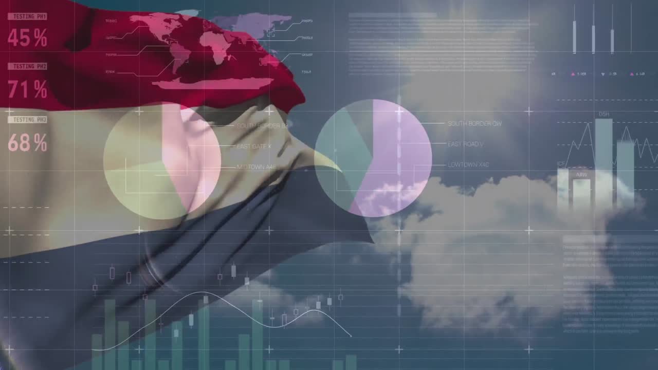 데이터 처리의 애니메이션과 구름과 태양 위의 네덜란드 발