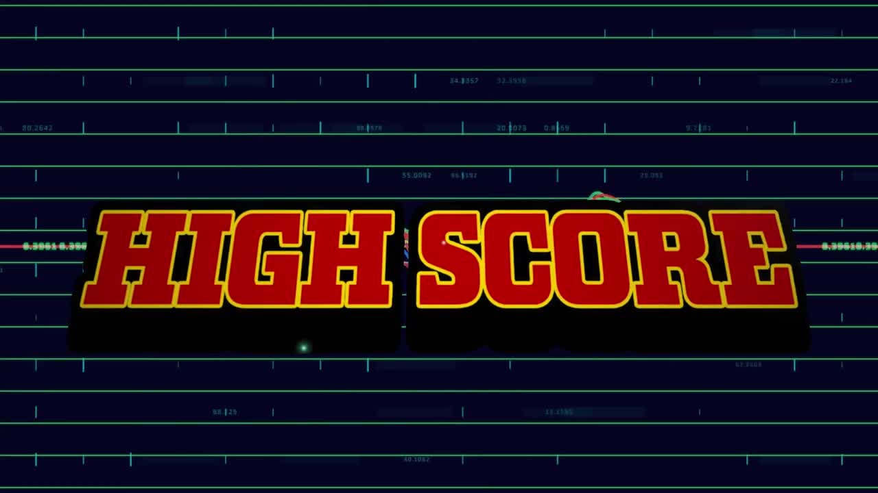 Animation of high score text over green lines and statistics data processing