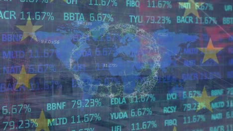 Animación-De-Datos-Financieros-Y-Red-De-Conexiones-Sobre-El-Mapa-Mundial,-El-Globo-Terráqueo-Y-La-Bandera-De-La-Unión-Europea