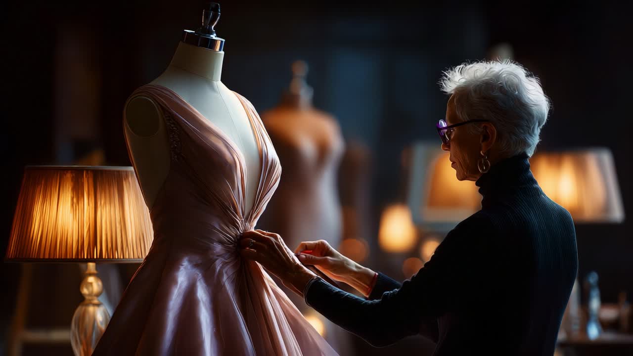 En elegant kjole skræddersyet: En passioneret kunstner justerer de sidste detaljer på en smuk kjole i en kunstnerisk studie-opsætning med blød belysning og kunstnerisk atmosfære