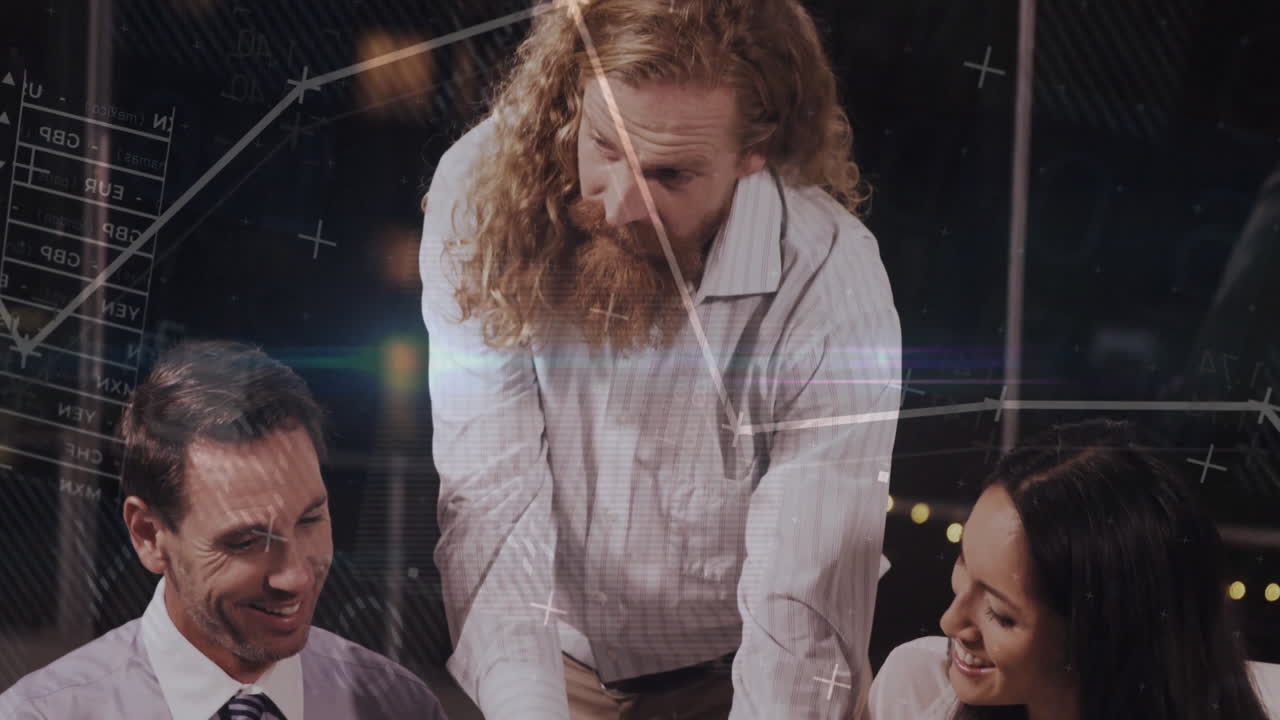 gráficos y gráficos de negocios animación sobre diversos colegas discutiendo el trabajo