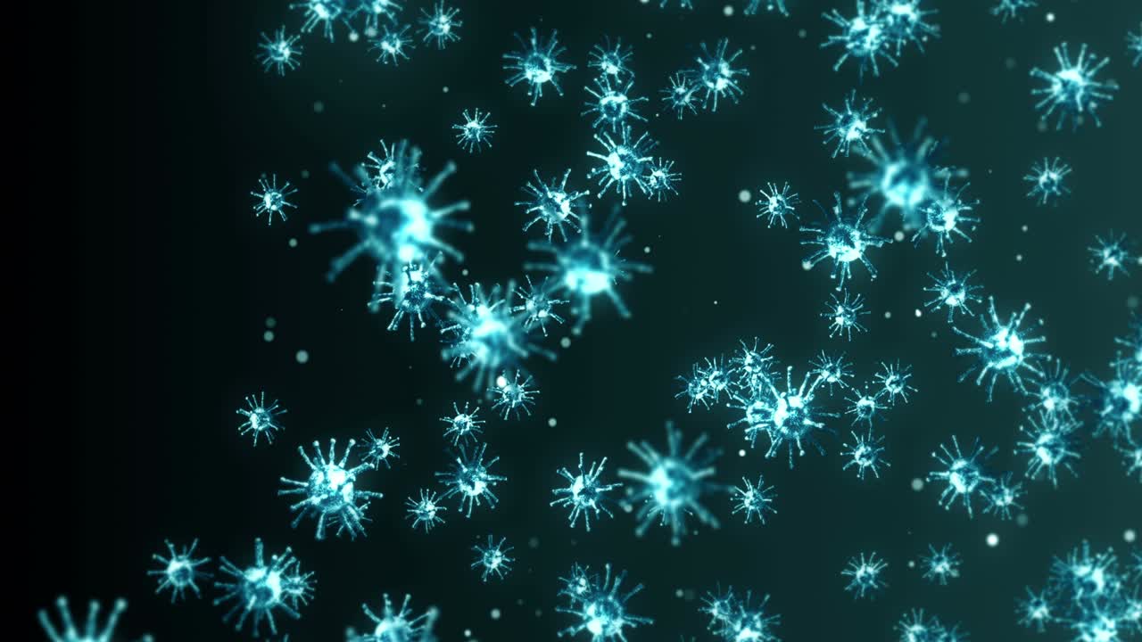 Flying many virus cells on black background. Medical concept, Microscopic illustration. 3D animation of virus molecule rotating. Loop animation.