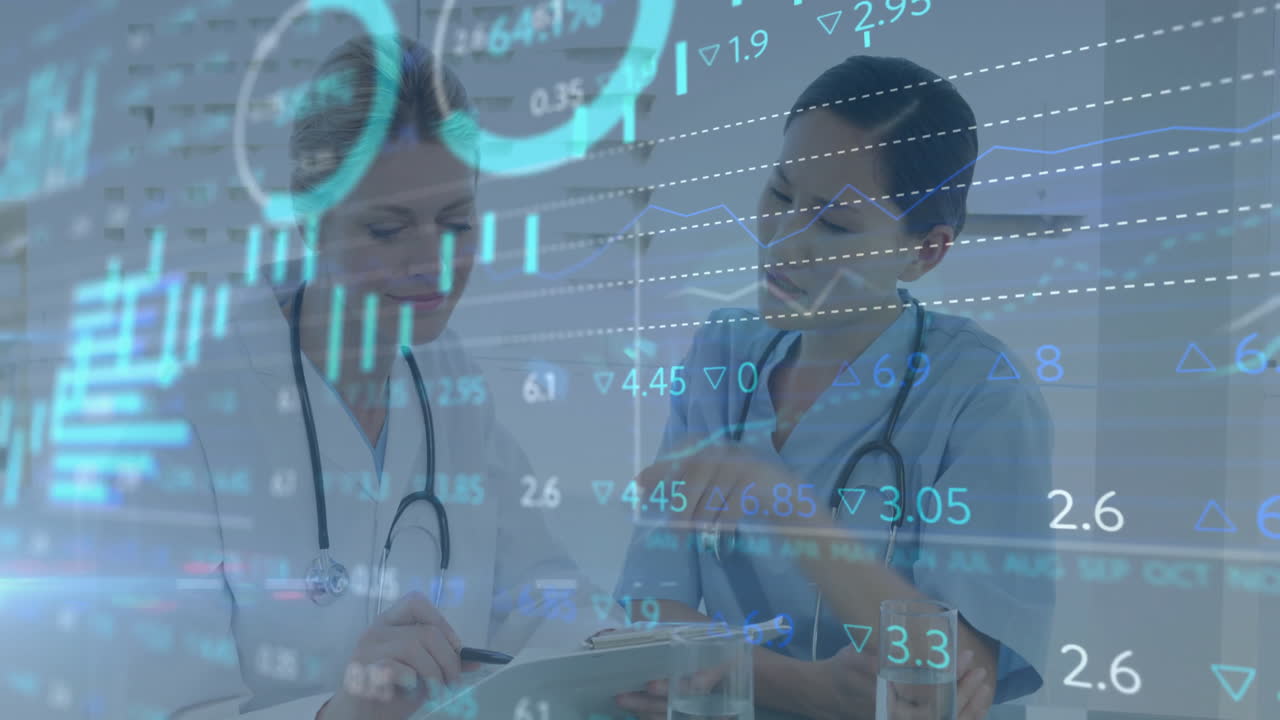 doctor and nurse reviewing patient chart in hospital office, showing animated stock charts