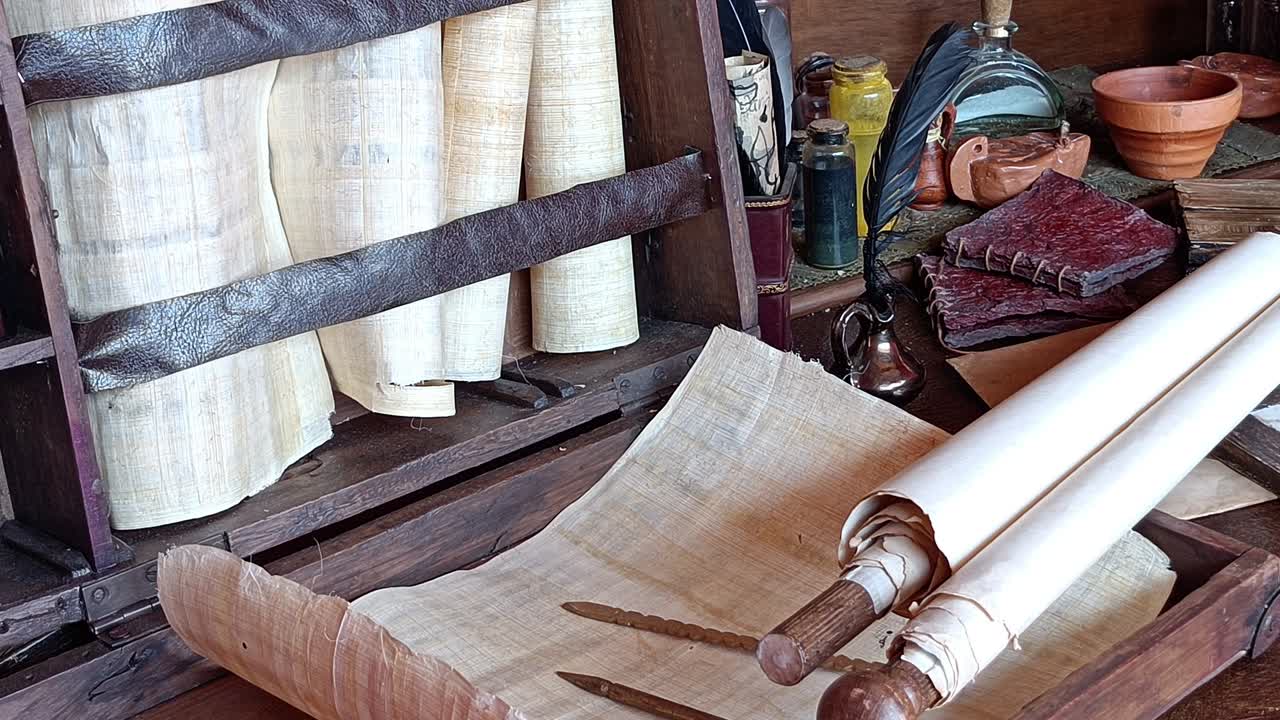 Ufficio dell'antica Roma. Papiro e inchiostro
