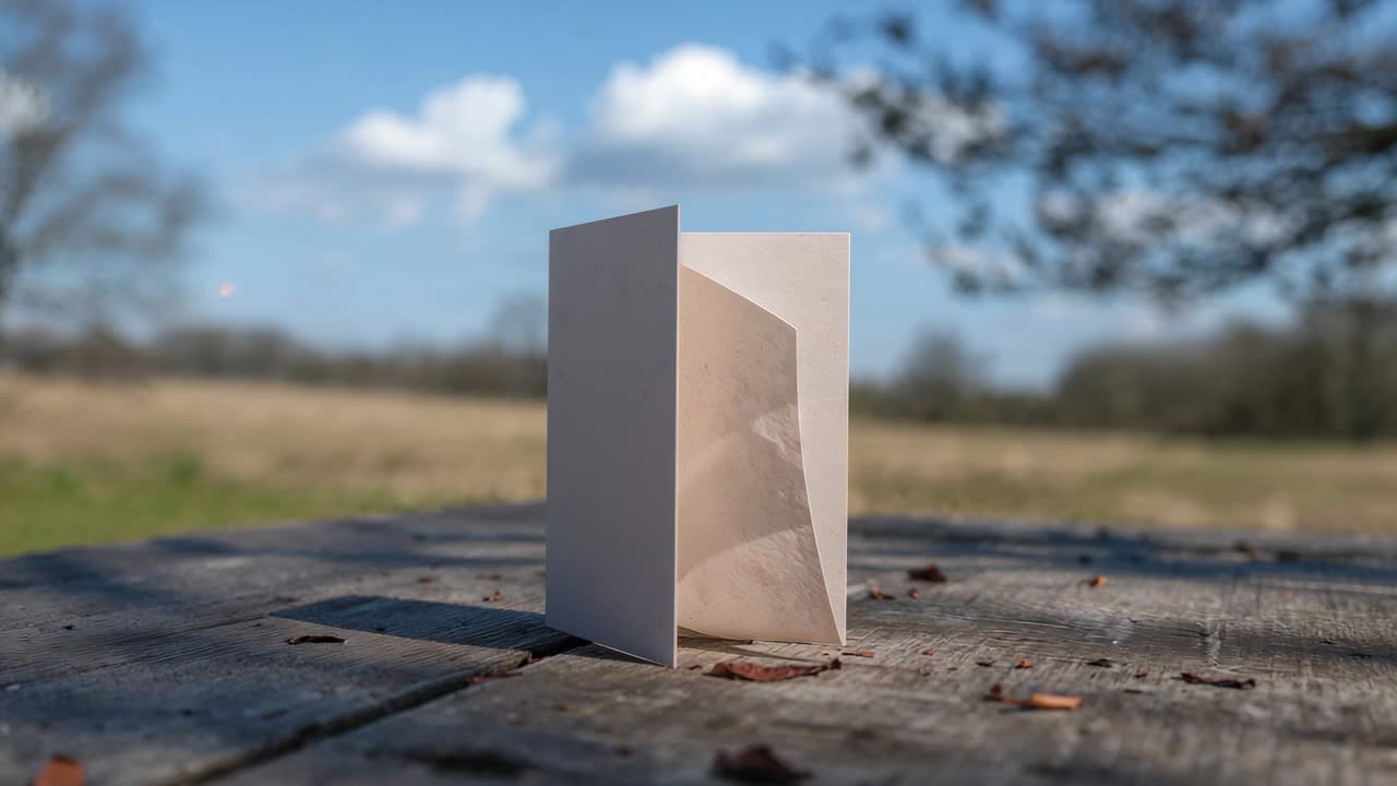 Sliding camera closer tightening focus, revealing folded white card on wooden table, rural field