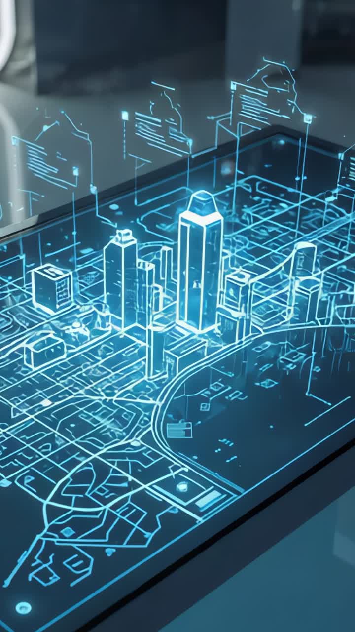 Vertical video: Powering holographic city model displaying floating data panels on tabletop in lab
