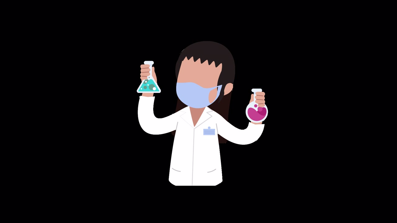 Scienziata animata in camice da laboratorio e mascherina che tiene becher