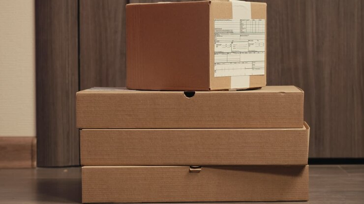 Food and goods delivery box, contactless online shopping, volunteer courier delivers parcel a to door of home, door to door deliver, e-commerce purchase.