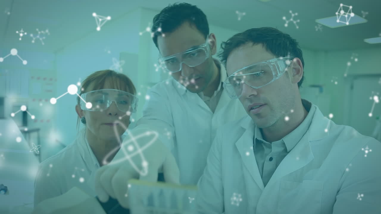 Animation of molecules over diverse lab workers with samples