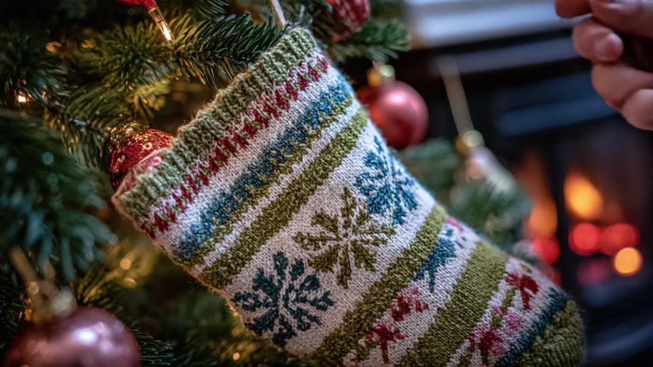 A Cozy Christmas Scene Featuring a Beautifully Crafted Stocking Hanging from a Christmas Tree, Decorated with Ornaments and Warm Lights, Evoking Holiday Spirit and Joy