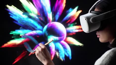 a woman immersed in virtual reality, creating vibrant digital art with a virtual paintbrush, showcasing an explosion of colorful hues and imaginative creativity