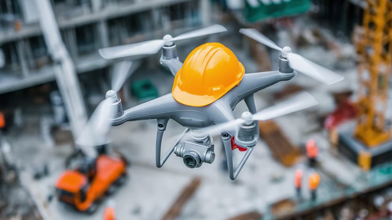 Inovasi Lokasi Konstruksi: Drone Berhelm Pengaman Merekam Rekaman Udara di Antara Pekerja dan Alat Berat pada Proyek Bangunan