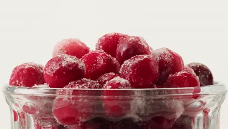 frozen cranberries in snow for tea, background close up of cranberry berries in winter park, ice fridge macro.