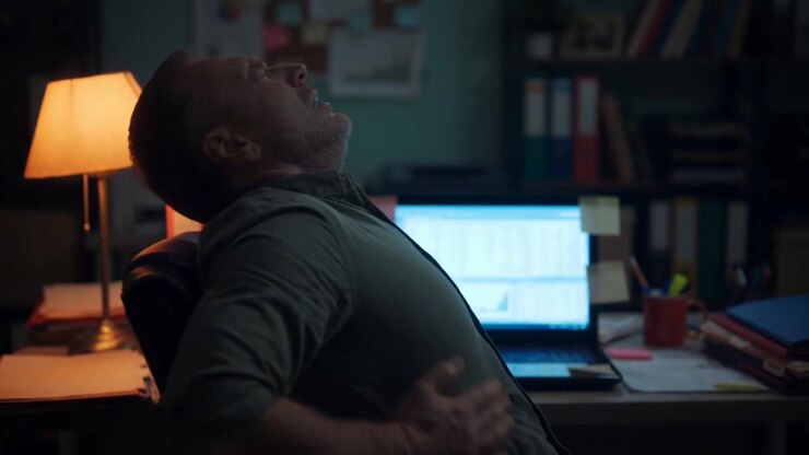 Man Suffering From Shoulder And Back Pain While Working At Desk In Detailed Medical View