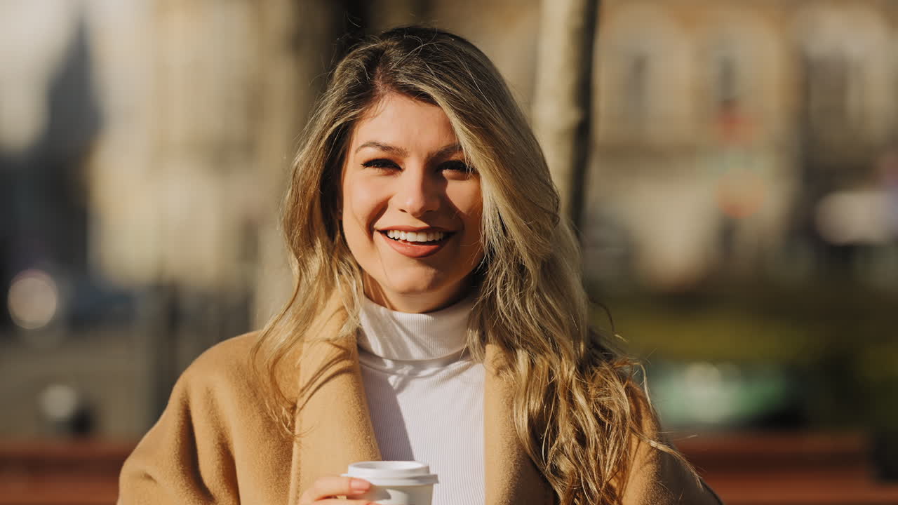 movimiento lento de una joven hermosa mujer rubia sonriendo mientras sostiene una taza de café para llevar, en una mañana soleada