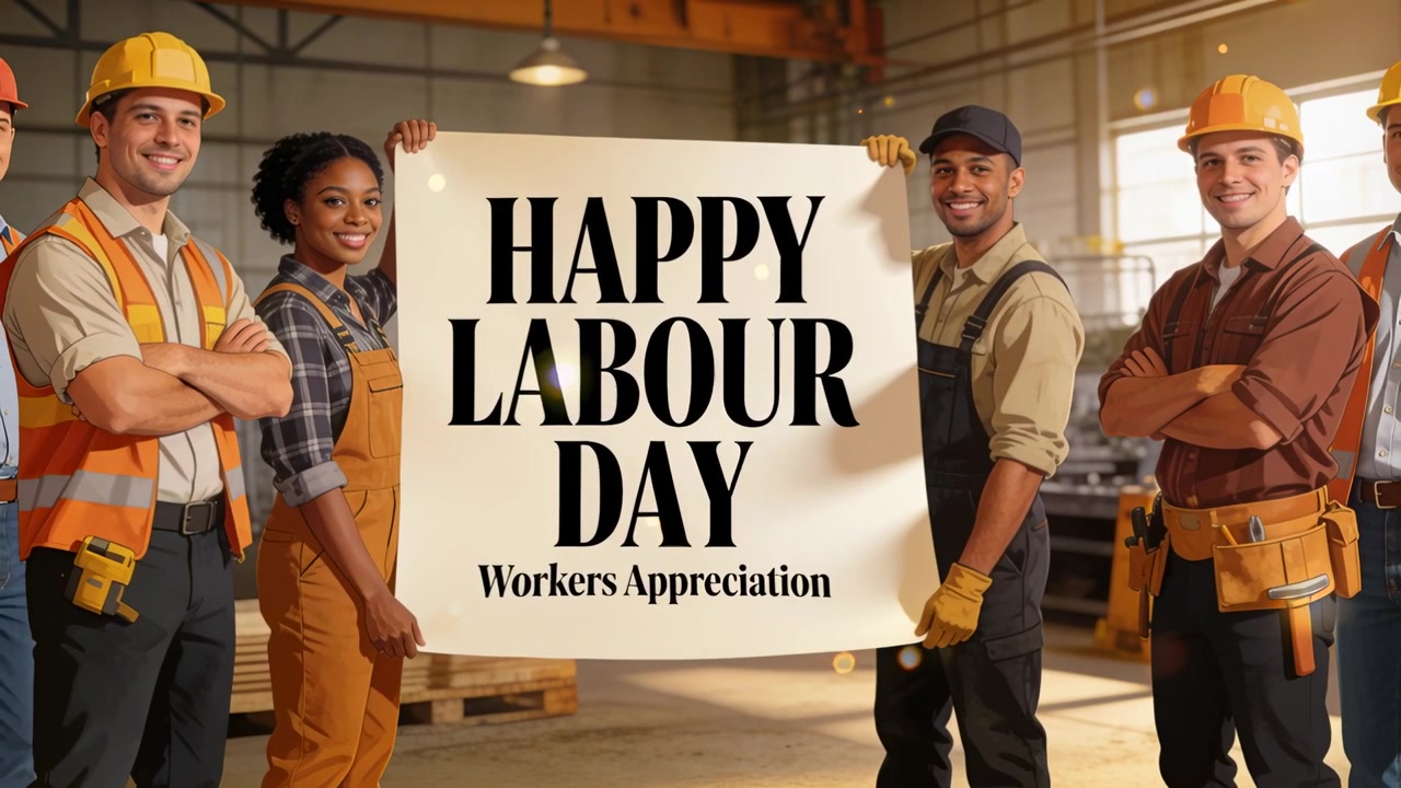 Camera panning, group of workers holding HAPPY LABOUR DAY banner, posing in workshop with hard hats