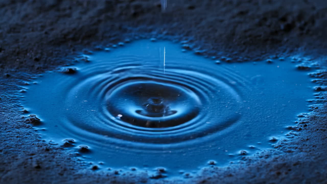 Dynamische blaue Wasserpfütze mit Tropfen und Wellen