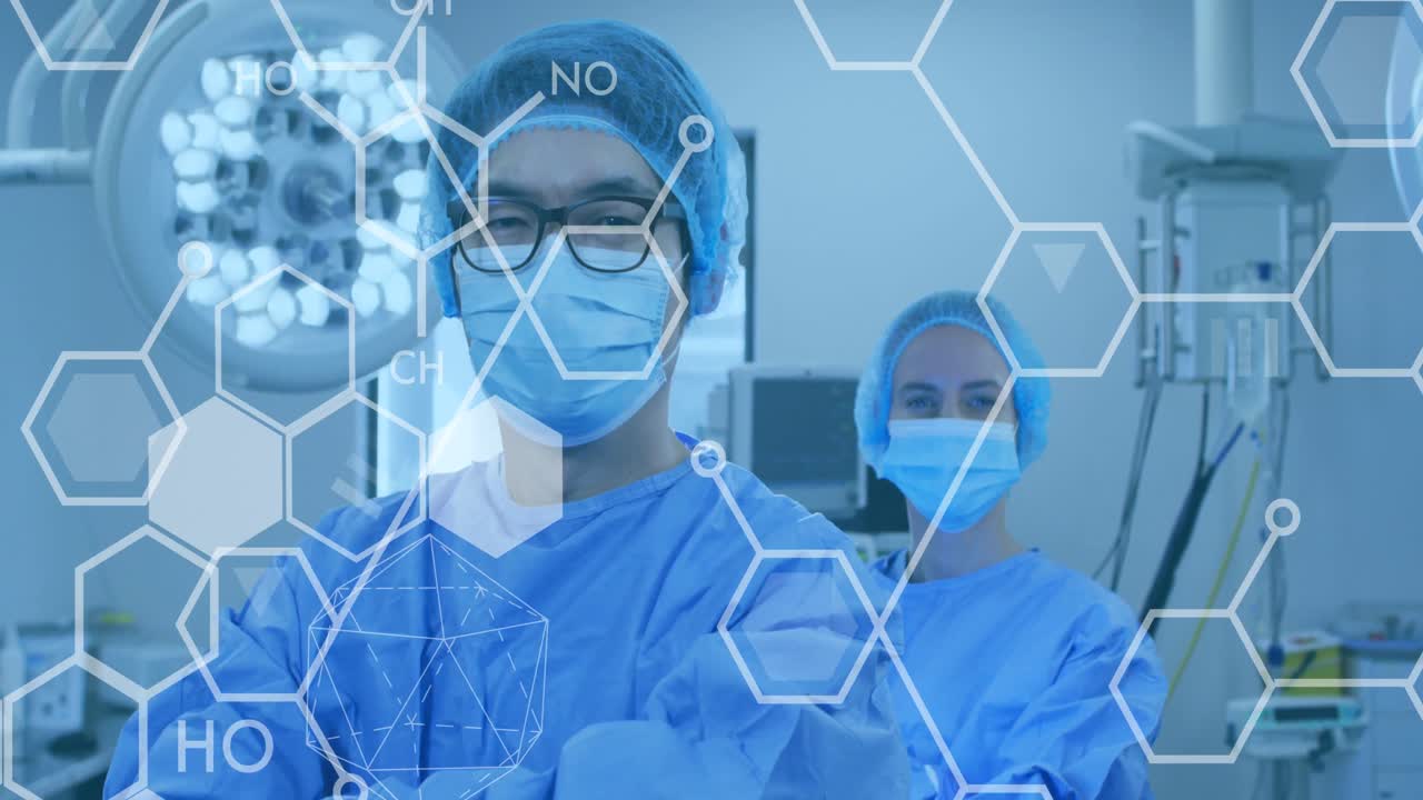анимация химических соединений над хирургами в масках в операционной