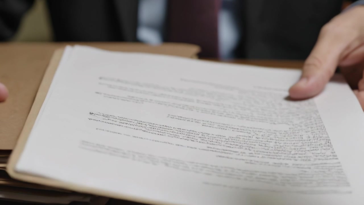 Lifting top folder, suit-clad man flipping through manila files at wooden desk, reviewing documents