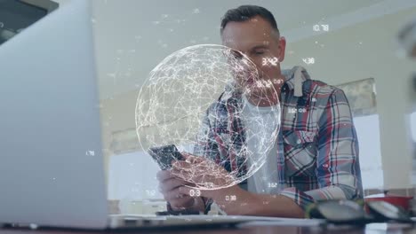 animation of digital globe and data processing over man using smartphone