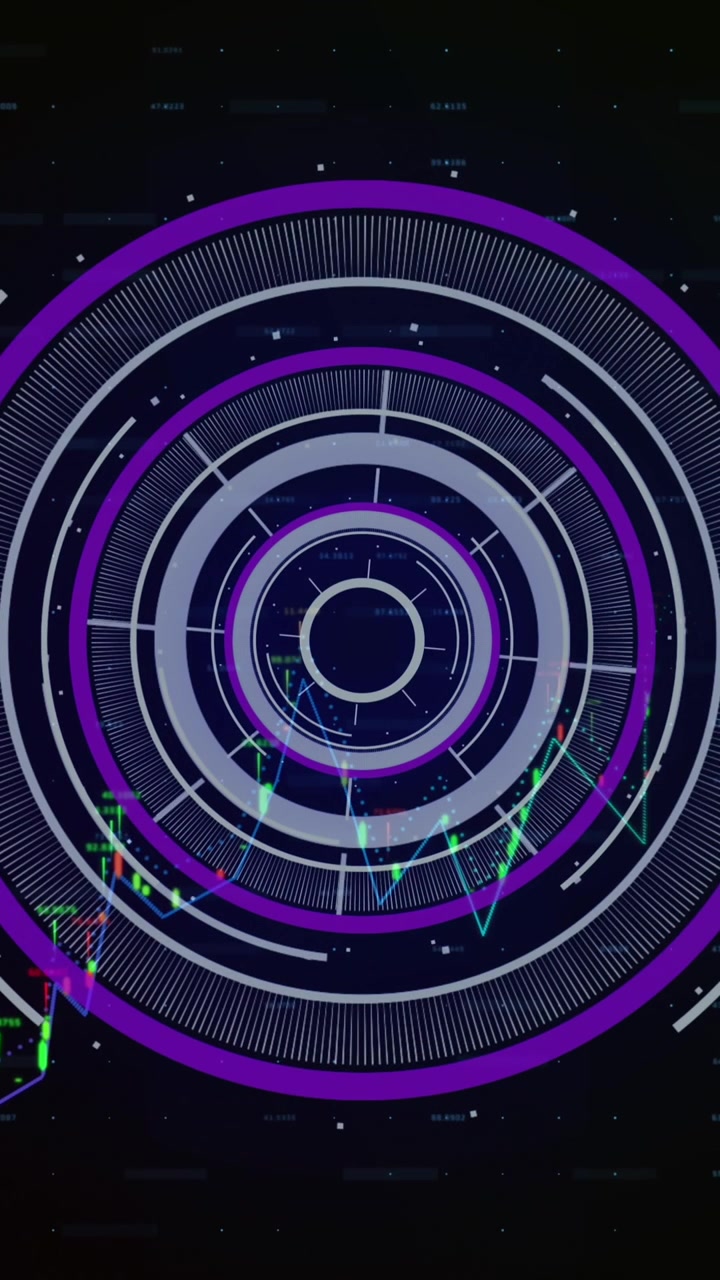 Animation of scope and financial data processing over black background