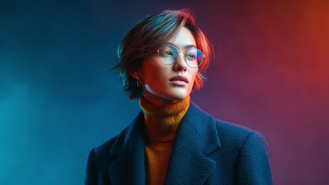 A Portrait of Modern Elegance: An Individual with Stylish Glasses and a Turtleneck, Set Against a Striking Gradient Background of Blue and Red