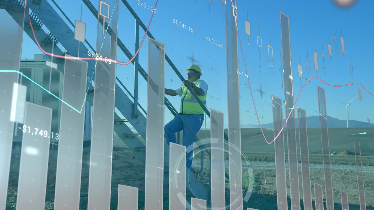 animación de procesamiento de datos sobre ingeniero caucásico por turbina eólica