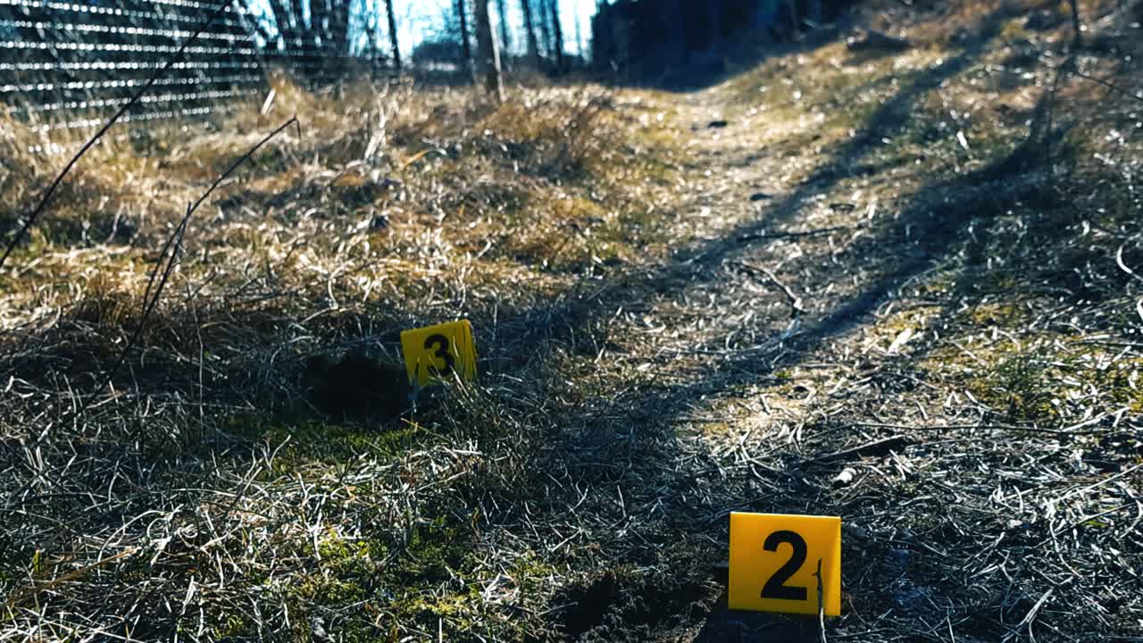 Yellow evidence markers placed on a grassy path during a police investigation at a crime scene, with a fence and trees visible in the background under bright sunlight and long shadows