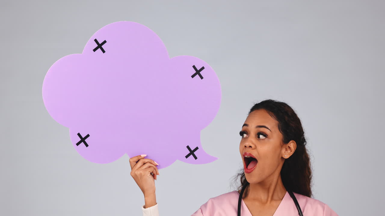 Nurse, woman medical and speech bubble pointing